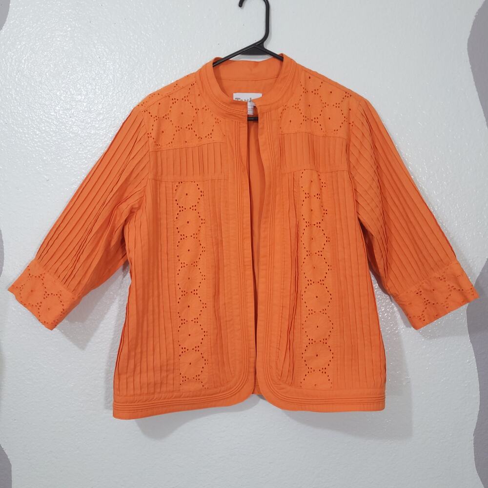 Tan Jay Jacket Womens Size 10 Orange Pleats Eyelet Open Front Floral Lig…